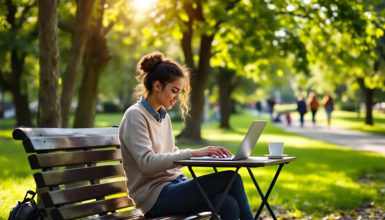 In einem sonnigen Park arbeitet ein Arbeitnehmer entspannt an seinem Laptop, umgeben von Bäumen und Grünflächen, und genießt die Vorteile des mobilen Arbeitens. Diese Szene zeigt, wie flexible Arbeitsplätze und Homeoffice die Arbeitswelt verändern und es ermöglichen, auch außerhalb des Büros produktiv zu sein.