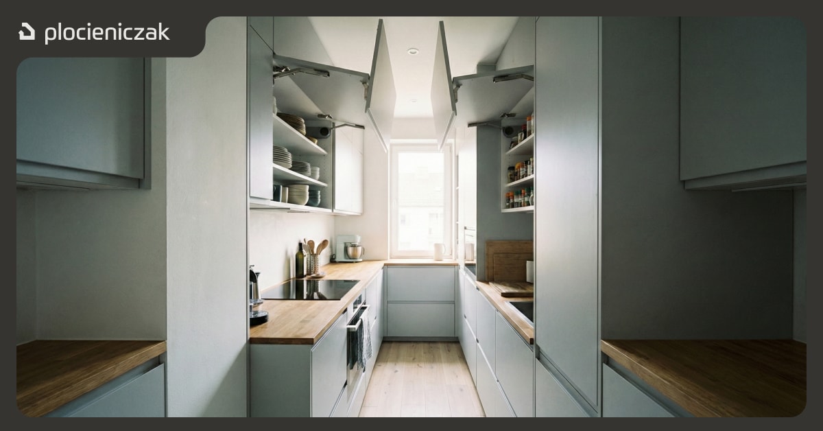 Wąska kuchnia z szafkami otwieranymi do góry – dwa otwarte fronty nie kolidują ze sobą, oszczędzając przestrzeń