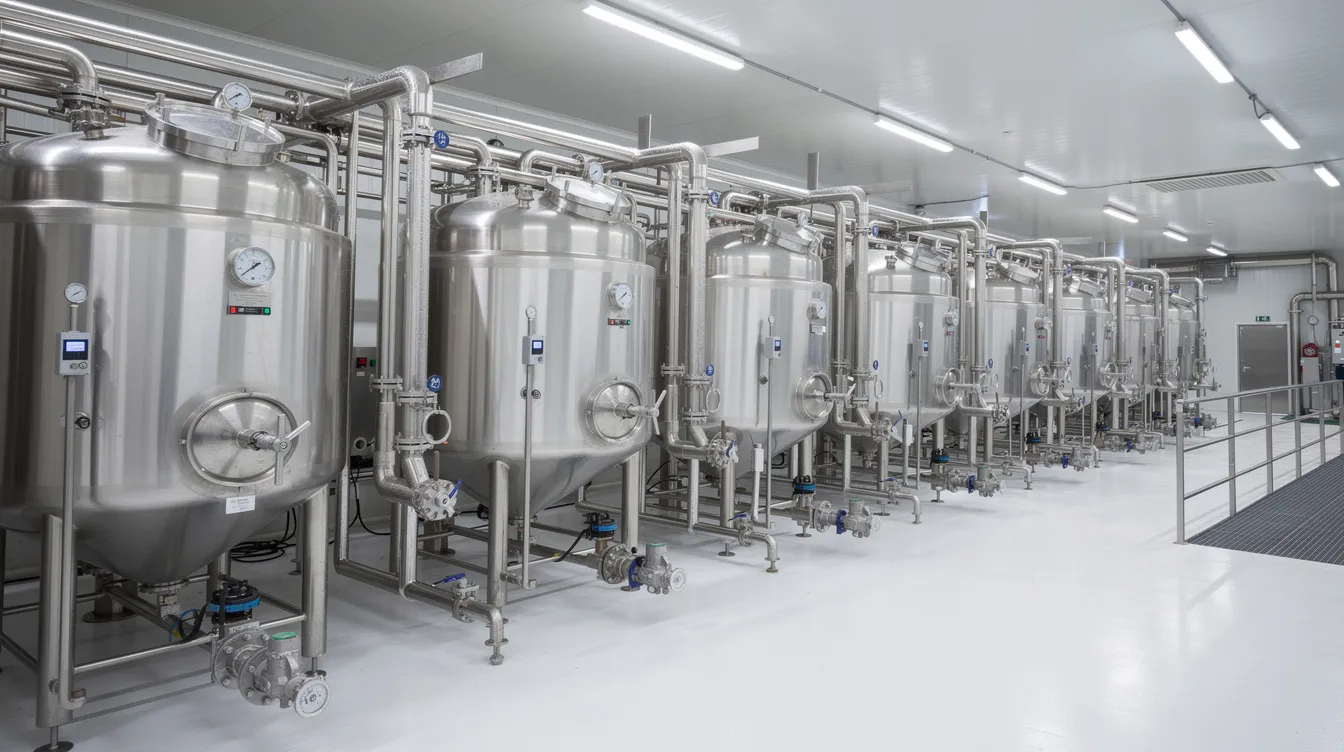 dbeedd8b 320d 440a b66f 6b3ba8ebda8c The image depicts a modern aseptic dairy processing plant featuring large industrial stainless steel tanks and extensive pipelines, designed for efficient processing of dairy products like UHT milk. The facility emphasizes food safety and long shelf life through advanced aseptic technology and sterile conditions, ensuring high-quality production and packaging solutions.
