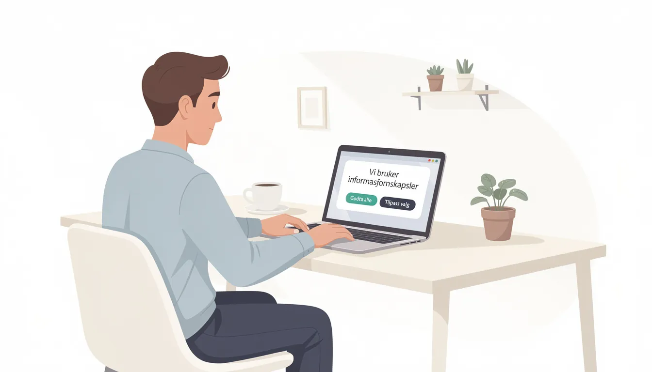 Illustrasjonen viser en person som sitter foran en laptop, med et cookie-banner synlig på skjermen. Banneret informerer om brukerens samtykke, og det er en påminnelse om viktigheten av Google consent mode for datainnsamling.