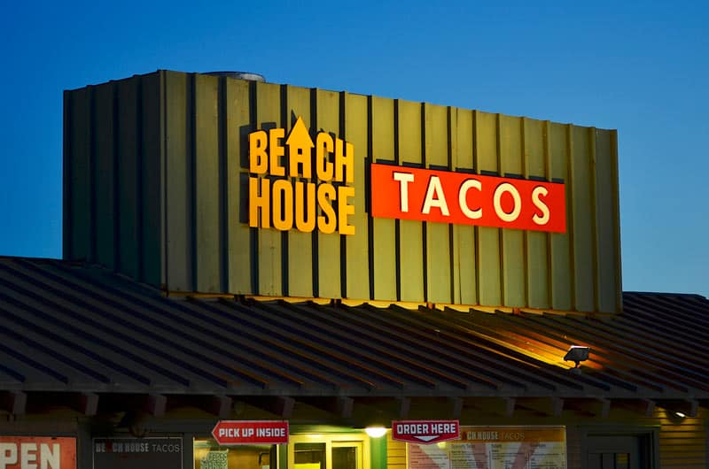 Beach House Tacos externally lit outdoor dimensional letter sign is on the Ventura Pier so it needs to be durable.
