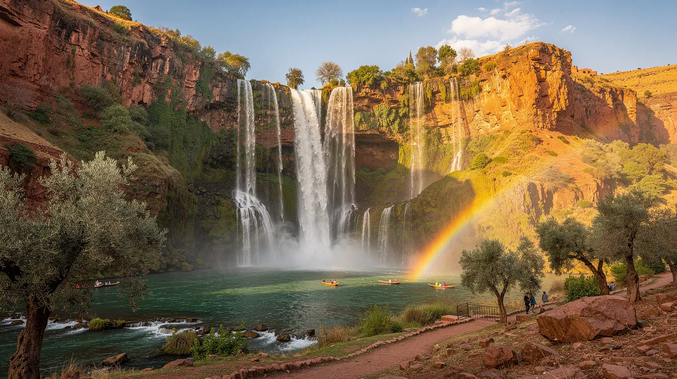 A imagem mostra as impressionantes Cataratas de Ouzoud, com suas águas cristalinas caindo em cascata entre as rochas imponentes, cercadas por uma vegetação exuberante. Este destino em Marrocos é um local popular para turistas que buscam uma experiência única na natureza, refletindo a rica cultura e tradição do país.