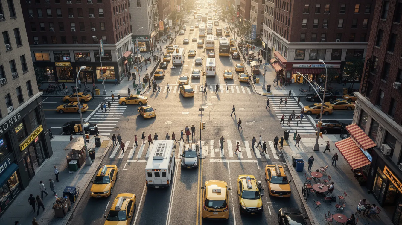 An aerial view captures the bustling streets of New York City, where a diverse crowd of people walk and socialize, embodying the vibrant dating culture of the city. This scene reflects the dynamic NYC dating scene, where individuals seek meaningful connections amidst the energy of the big city.