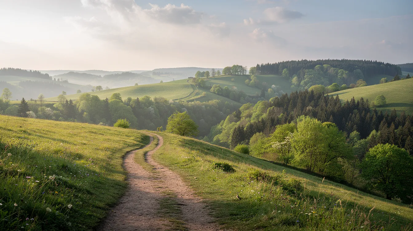 The image depicts the rolling green hills and dense forests of the ?wi?tokrzyskie region in Poland, with a visible hiking trail winding through the landscape. This serene rural area showcases the natural beauty of the country, inviting outdoor enthusiasts to explore its scenic paths.