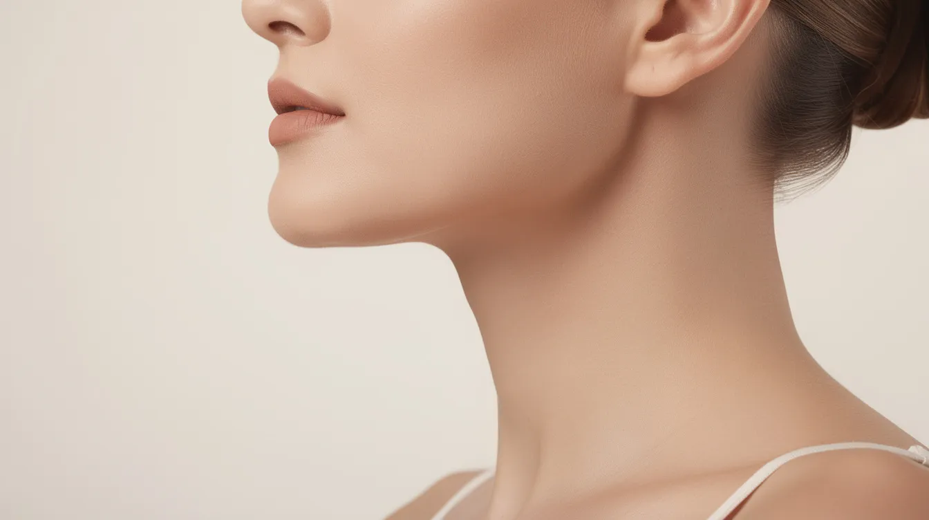 This close-up image showcases a woman's smooth jawline and neck from a side profile, illuminated by soft clinical lighting, highlighting the refined contours and improved skin firmness achieved through non-surgical endolift treatments. The visible lifting effect indicates enhanced collagen production and skin tightening, contributing to a refreshed appearance with minimal downtime.