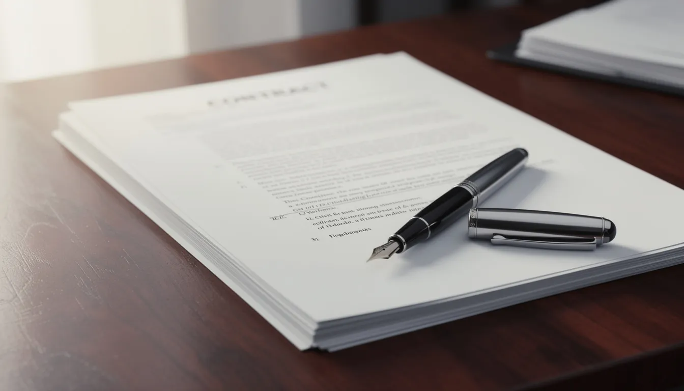 The image features a collection of legal documents and a pen resting on a wooden desk, symbolizing the probate process and the legal requirements involved in estate administration. This scene reflects the meticulous nature of probate law, where accurate documentation is crucial for navigating the probate proceedings in California.