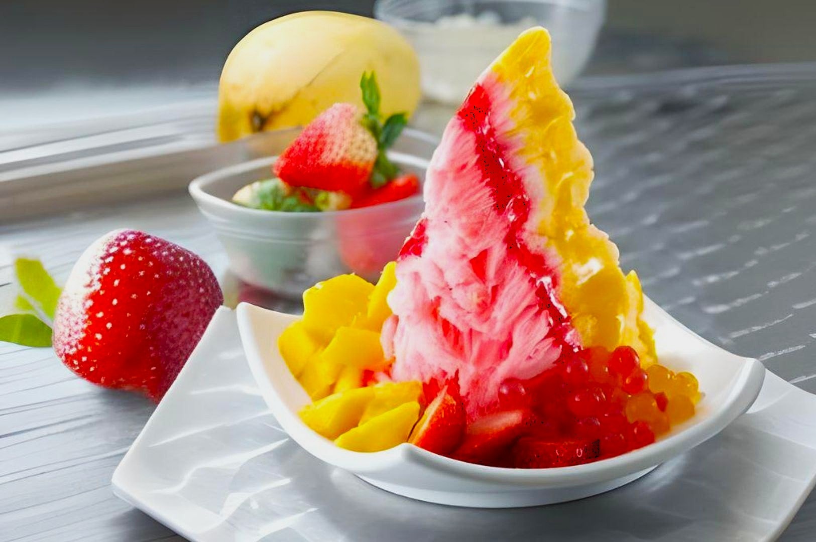 A vibrant dessert dish featuring shaved ice topped with bright pink and yellow syrup, garnished with strawberries, mango chunks, and fruit pearls.