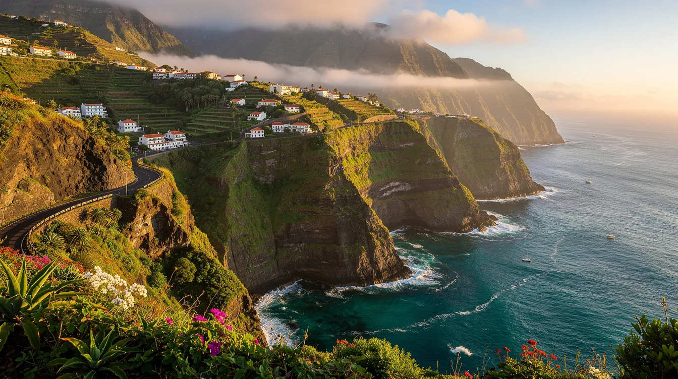 A imagem retrata a deslumbrante vista da Ilha da Madeira, com suas montanhas verdes e o Oceano Atlântico ao fundo. É possível observar as piscinas naturais e a costa sul, que são características marcantes do arquipélago, além das flores vibrantes que adornam a paisagem.