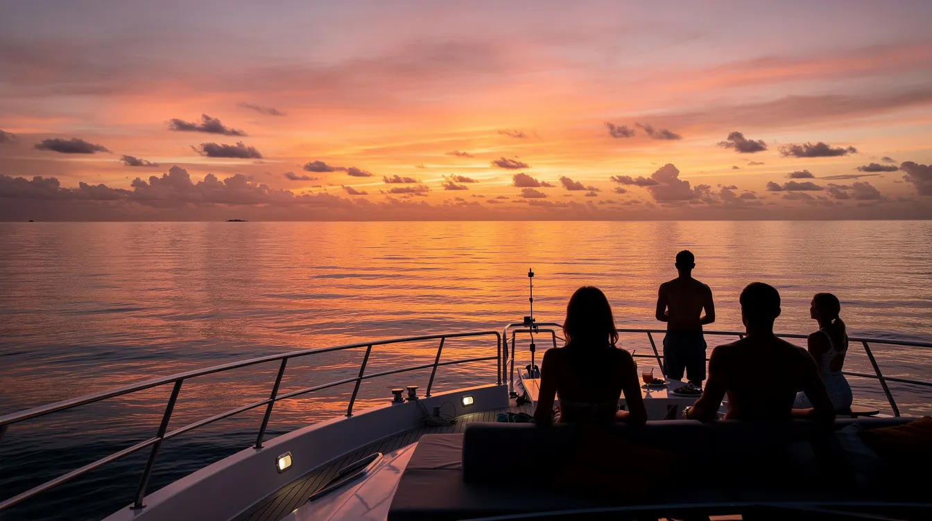 Uma bela imagem de um pôr do sol refletindo nas calmas águas do mar do Caribe, com silhuetas de pessoas relaxando no convés de um barco. O cenário evoca a tranquilidade e a beleza das ilhas ABC, como Curaçao, um destino ideal para férias inesquecíveis.