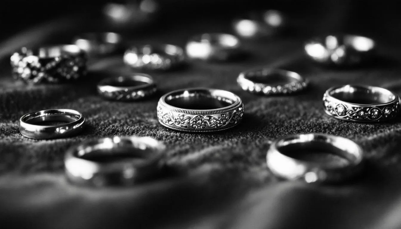 Various styles of silver wedding rings displayed elegantly.