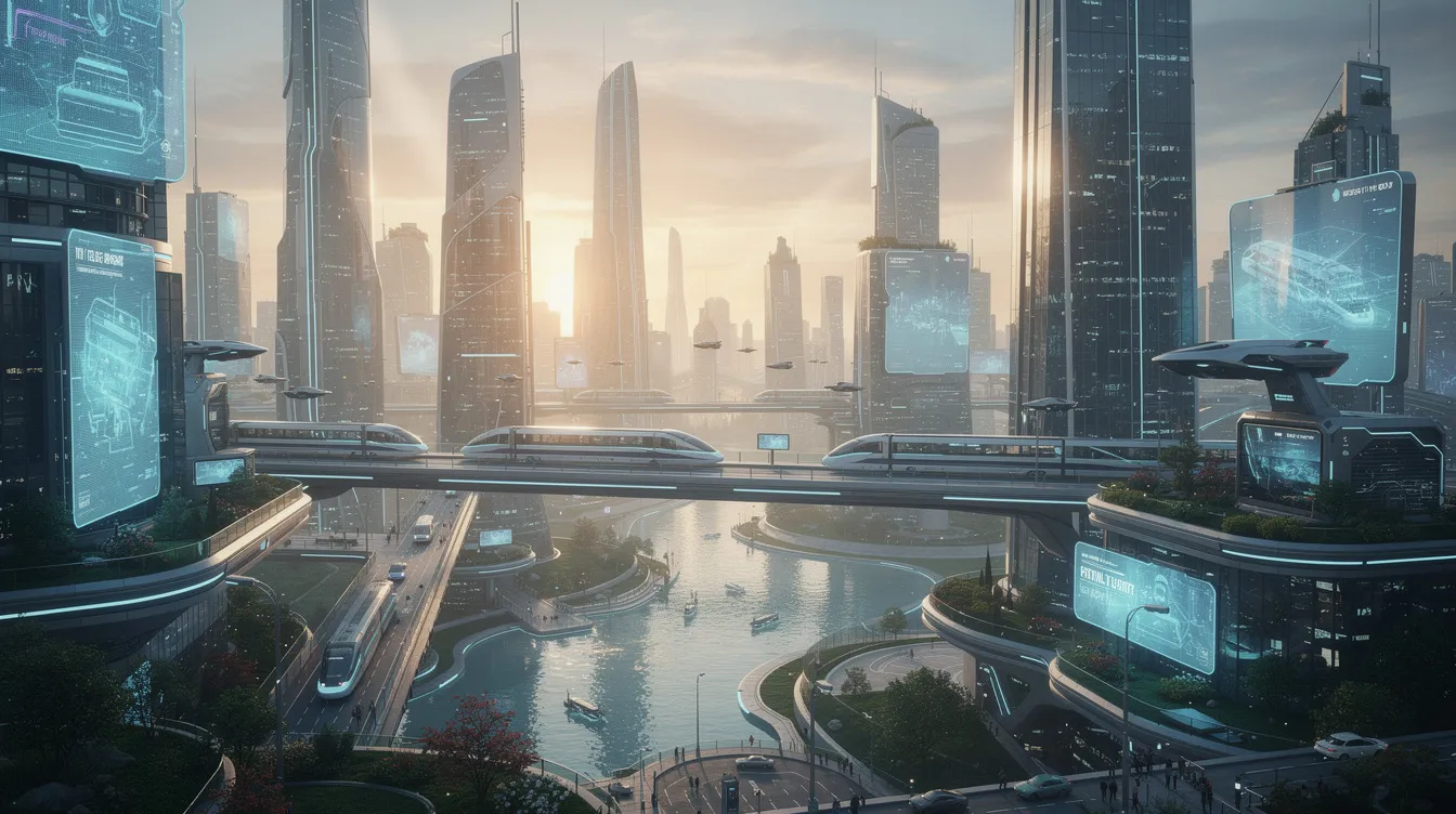 Das Bild zeigt eine futuristische Skyline, die Innovation und technologische Fortschritte symbolisiert, mit hohen Gebäuden und modernen Designs, die auf die Bedeutung von künstlicher Intelligenz und Supercomputing hinweisen. Diese Architektur spiegelt die Vision von Schweizer Hochschulen wie der ETH Zürich und der EPFL wider, die an der Entwicklung von KI-Modellen und deren Anwendungen arbeiten.