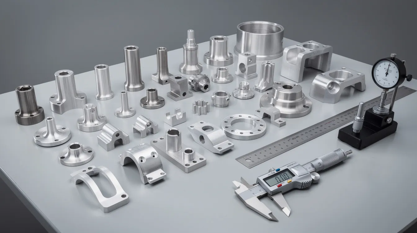 The image features precision machined aluminum and stainless steel components neatly arranged on an inspection table, accompanied by various measuring instruments. This setup highlights the meticulous quality control process typical in CNC machining services, ensuring high precision and tight tolerances for custom machining parts.