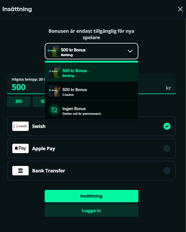 SpeedyBets insättningssida med bonusval och betalningsmetoder.