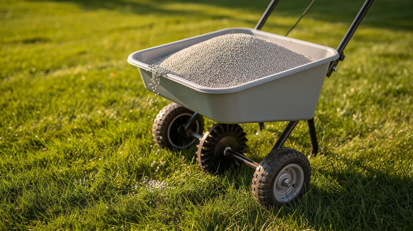 A rotary lawn spreader sits on a lush green lawn, filled with small granular fertiliser pellets ready for application. This lawn feed aims to promote strong roots and new grass growth, ensuring even coverage for a healthy, thriving garden.