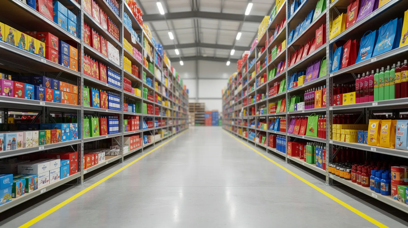 Nowoczesny magazyn z regałami wypełnionymi kolorowymi produktami reklamowymi, takimi jak kubki termiczne, plecaki i powerbanki, które budują pozytywne skojarzenia z marką.