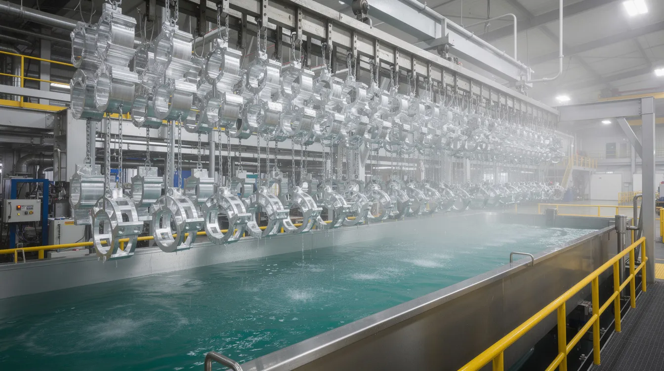 The image depicts aluminum parts suspended on racks as they are being lowered into an anodizing bath within an industrial surface treatment facility. This process involves the creation of a protective oxide layer on the aluminum surface, enhancing its corrosion resistance and ensuring a durable, corrosion-resistant finish.