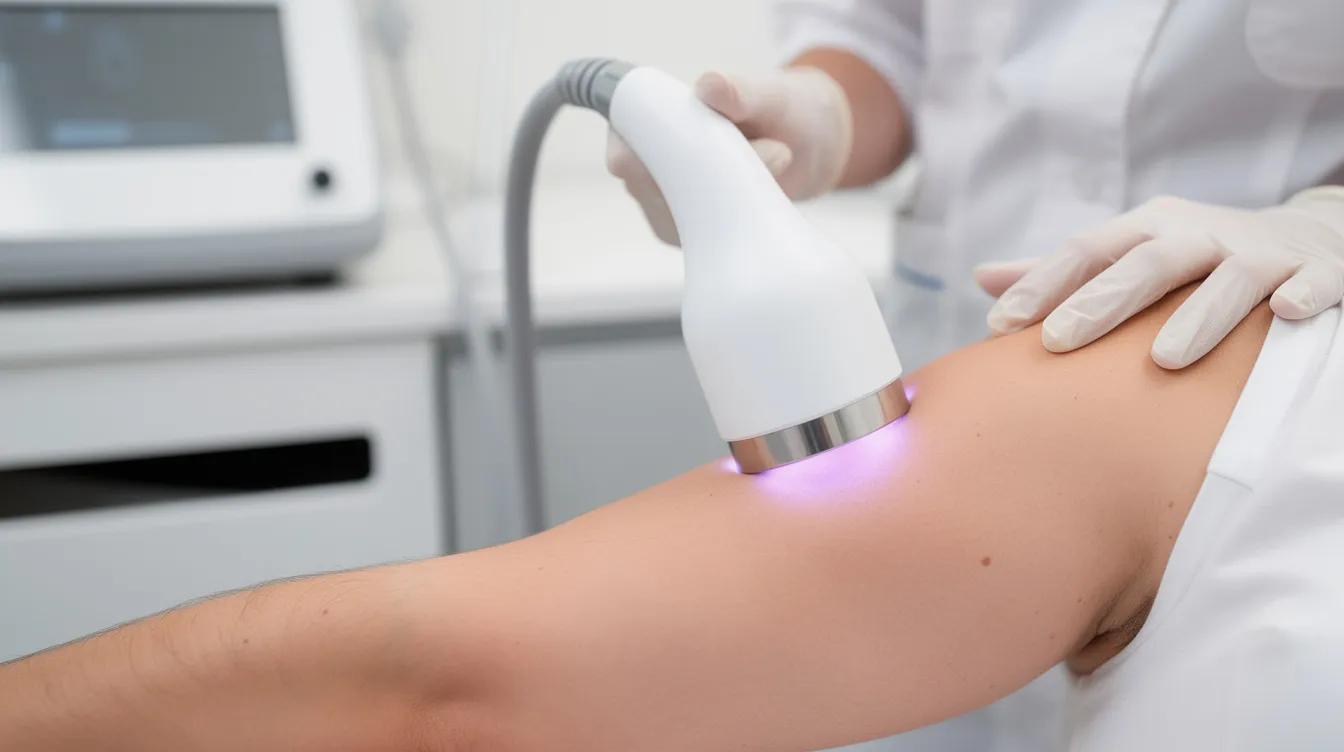 A close-up image shows an energy-based contouring device being applied to a patient's upper arm in a clinical setting, focusing on body contouring procedures aimed at eliminating excess skin and tightening sagging skin. This advanced technique is part of arm contouring treatments designed to enhance the appearance of the arms.