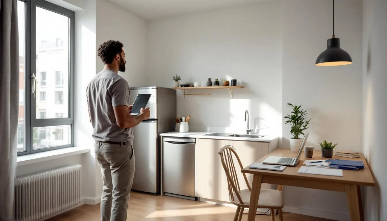In der bildlichen Darstellung betritt ein Mitarbeiter eine möblierte Dienstwohnung, die mit einer modernen Küche und einem Schreibtisch ausgestattet ist, was die Wohnräume für Arbeitnehmer angenehm und funktional macht. Diese Dienstwohnung bietet eine komfortable Unterkunft im Rahmen des Arbeitsverhältnisses.