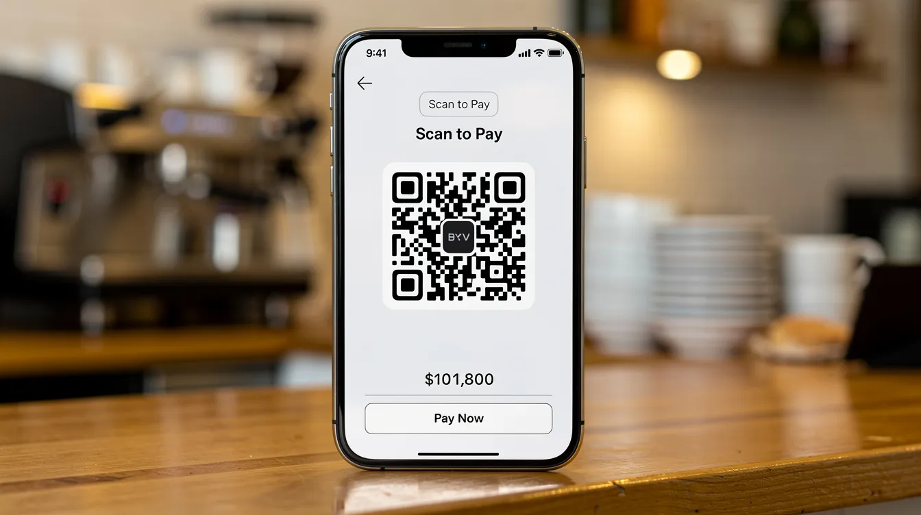 A close-up of a smartphone screen shows a QR code payment interface, ideal for digital wallet apps, with a coffee shop counter blurred in the background. This image highlights the convenience of mobile payments and the growing trend of using digital wallets for everyday transactions in South Africa.