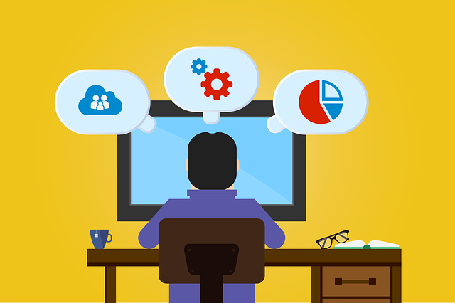 Depiction of person creating software. Product information management (PIM) software was created to help manage product data throughout its lifecycle.