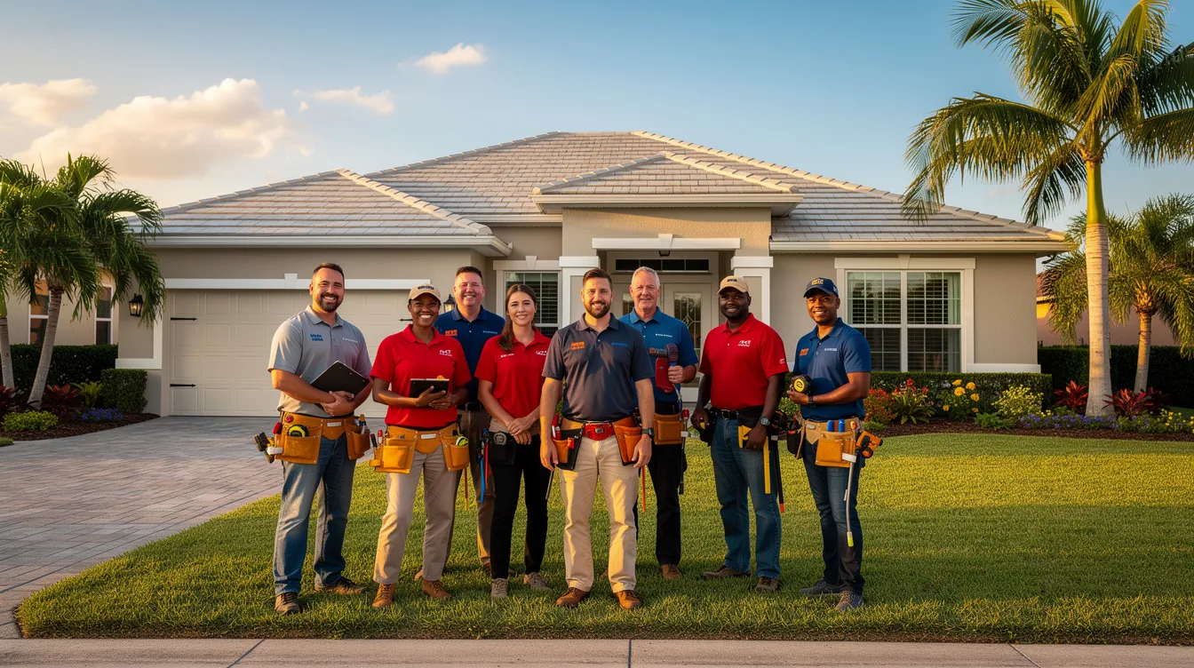 A group of contractors stands proudly in front of a newly completed home renovation project in Florida, showcasing their teamwork and expertise in the contracting business. This image highlights the importance of local SEO services and contractor marketing in attracting clients and generating leads for successful projects.