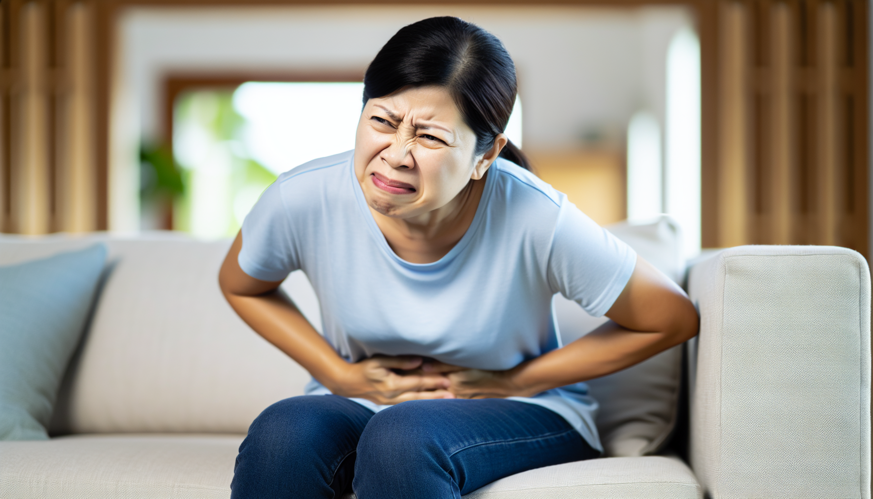A person holding their stomach in discomfort