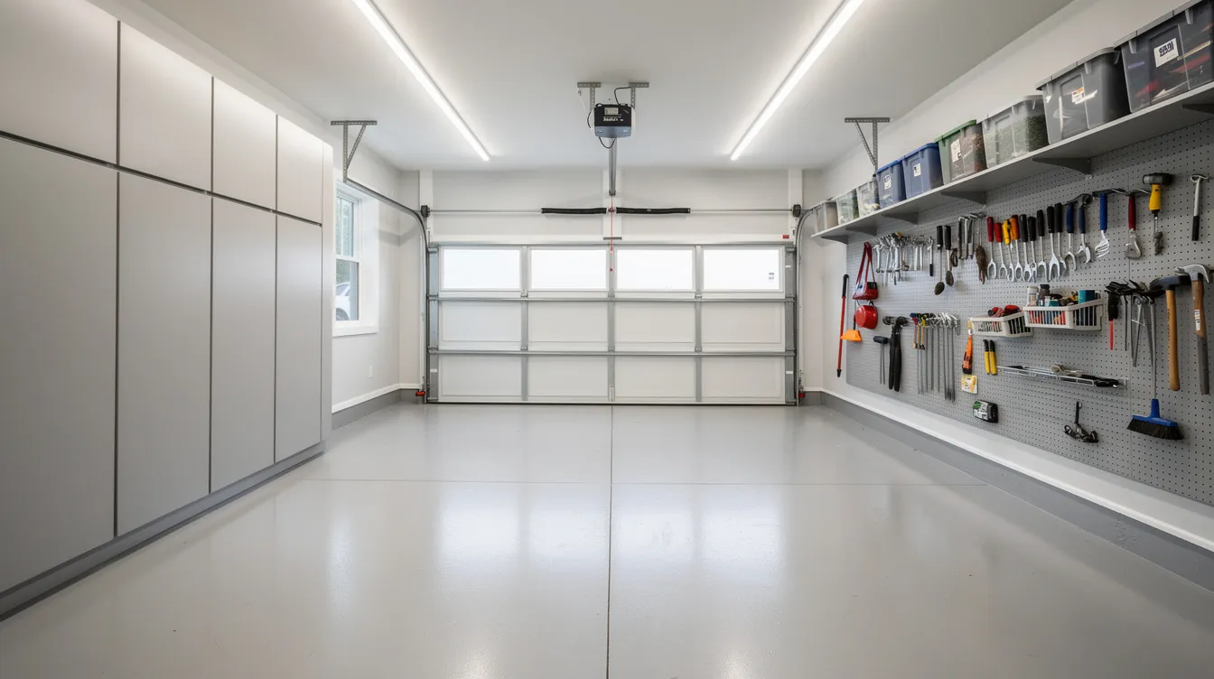 The image depicts a pristine and organized garage after a professional cleanout, showcasing a new space free of construction debris and junk. The area is well-lit, with clean horizontal surfaces and no leftover materials, reflecting the expertise of the professional cleaners and their commitment to proper disposal and detailed cleaning.