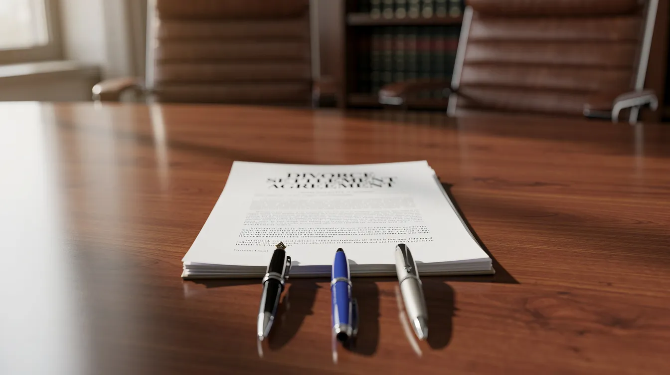 The image depicts a divorce settlement agreement laid out on a table, accompanied by three pens, symbolizing the mediation process involved in resolving family disputes. This setting highlights the importance of written agreements in the divorce process, where parties involved can finalize arrangements regarding maintenance payments and parenting plans.