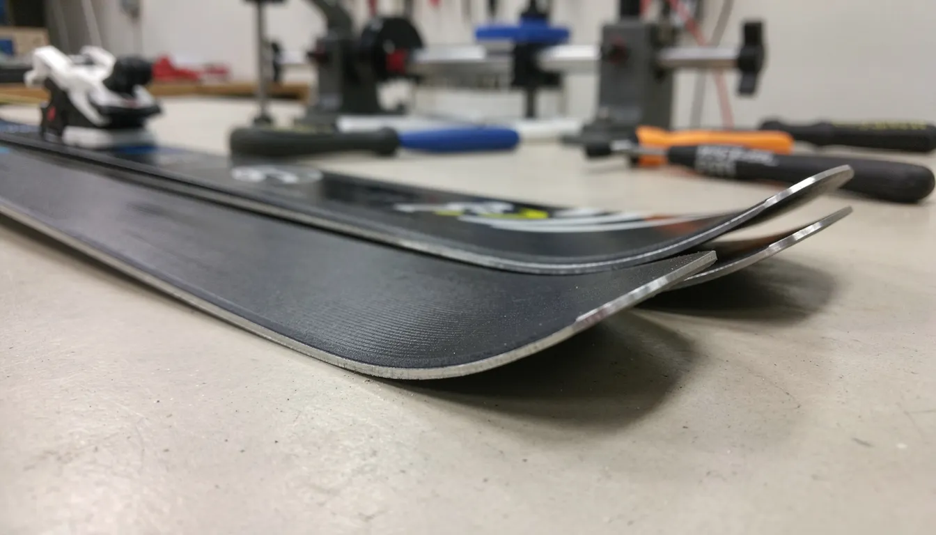 Nahaufnahme von Skikanten und -basis, die in gutem Zustand sind, ideal für Kinder. Diese Skier, möglicherweise in der Größe 70 cm, zeigen eine hohe Qualität und sind bereit für den Einsatz auf der Piste.