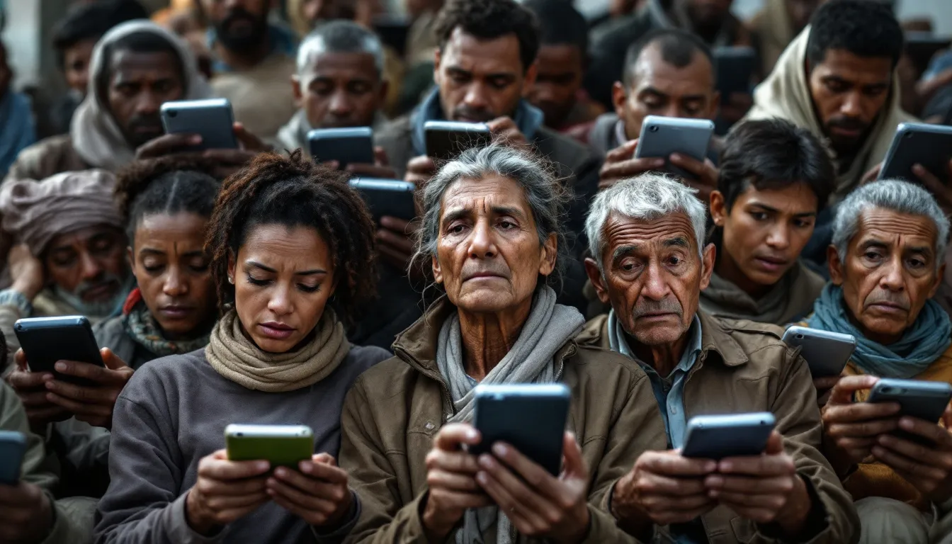 In the image, diverse groups of people from various communities around the world are intently looking at mobile devices that display health information, highlighting the global reach of health disinformation and the ongoing efforts to improve health security across international boundaries. This scene reflects the challenges posed by infectious disease outbreaks and the need for accurate public health information in different cultural contexts.