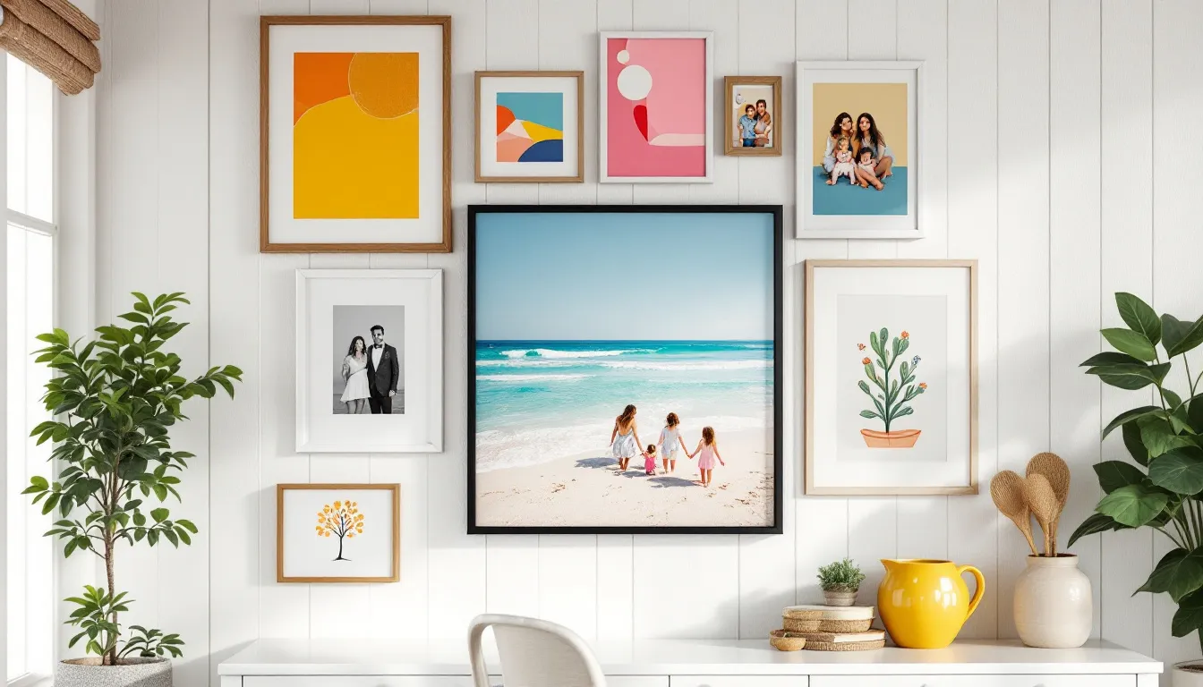 An example of a gallery wall layout showing family photos and framed artwork.
