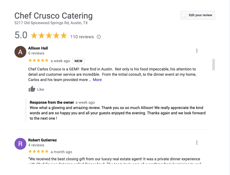 Google reviews for Austin private chefs