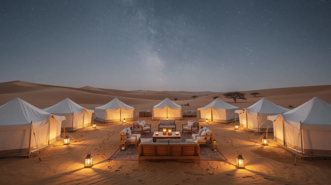 A luxurious desert camp featuring white tents is set against the backdrop of golden sand dunes, illuminated by a star-filled night sky. This serene scene captures the essence of desert experiences in Morocco, inviting visitors to explore the Sahara and enjoy the rich Moroccan culture under cooler nights.