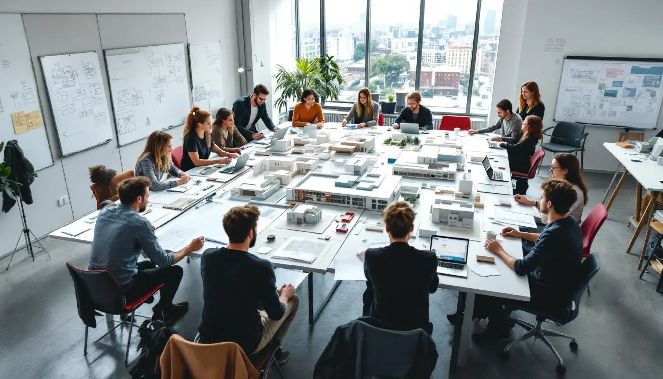 A group of architecture students collaborates in a bright studio space, surrounded by models and drawings, showcasing their practical experience and teamwork. This environment emphasizes the importance of education and collaboration in developing skills necessary for success in the architecture industry.