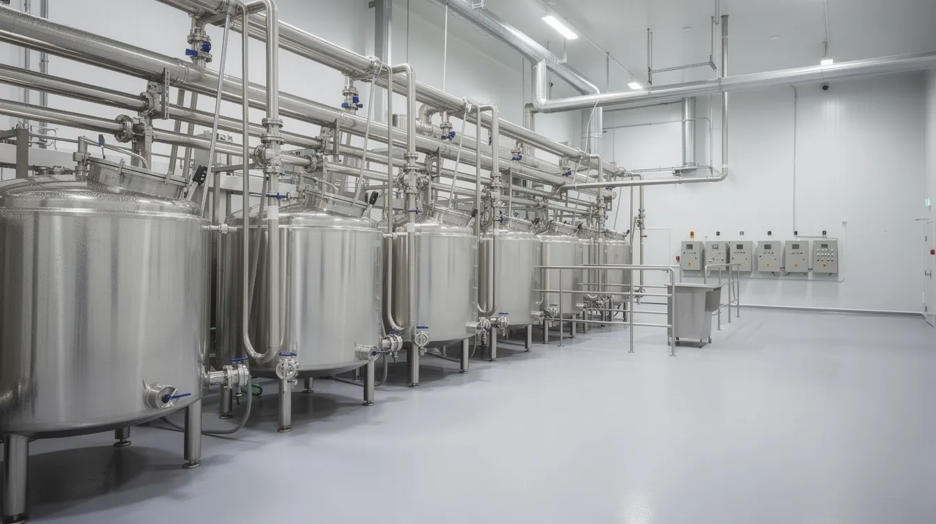 dc0e1ce4 aa06 4b55 9674 b0090f398f12 The image shows a wide-angle view of a modern dairy processing facility, featuring stainless steel equipment and piping, along with clean flooring. This ghee manufacturing plant is designed for efficiency, showcasing advanced machinery used in ghee production and processing.