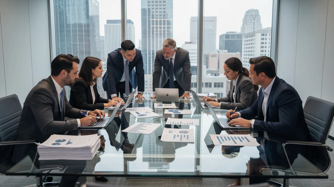 A team of analysts is gathered around a glass conference table, reviewing documents and discussing industry trends and competitive dynamics. Their collaboration aims to validate market assumptions and develop informed investment decisions through qualitative insights and expert perspectives.