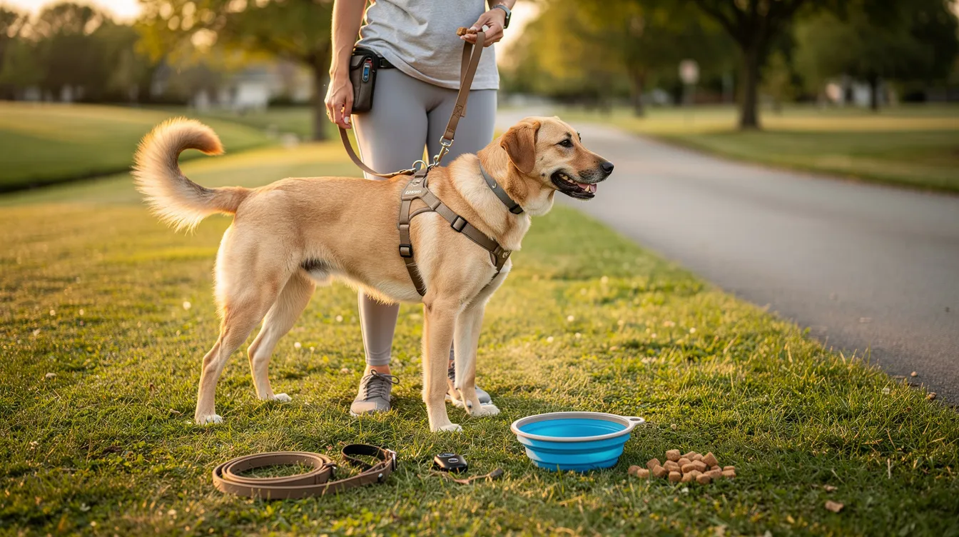 The image depicts a well-organized dog training setup featuring essential equipment for teaching loose leash walking. It includes a long leash, a short leash, and various collars, all laid out on a grassy area, with a calm adult dog standing next to its owner, who is demonstrating gentle leash pressure and maintaining eye contact to reinforce good behavior during training sessions.