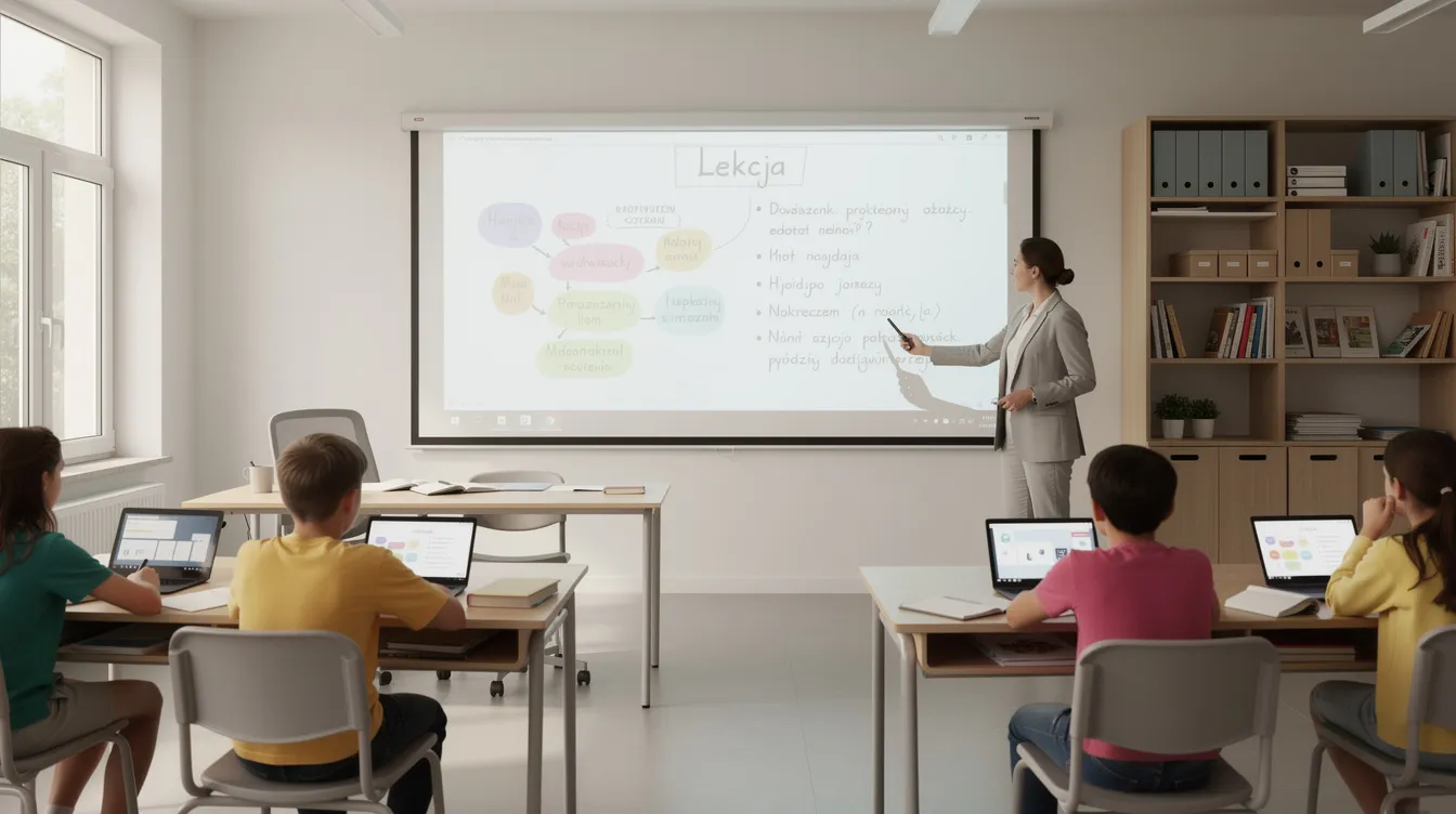 Nauczyciel prowadzi lekcję przy tablicy interaktywnej w nowoczesnej klasie szkolnej, angażując uczni&oacute;w w interaktywną naukę. W tle widać r&oacute;żne materiały dydaktyczne oraz sprzęt, kt&oacute;ry wspiera efektywne realizowanie obowiązk&oacute;w nauczyciela.