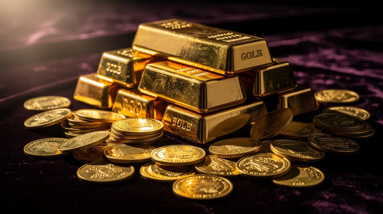 A stack of gleaming gold bars and shiny gold coins is elegantly arranged on a dark velvet surface, symbolizing the allure of precious metals investing and the potential benefits of gold IRA investments. This display highlights the value of physical precious metals as a secure option for retirement savings and long-term wealth protection.