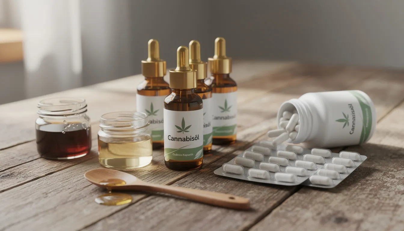 Auf einem Holztisch liegen verschiedene Cannabisprodukte wie Öle und Kapseln, die reich an Cannabinoiden sind. Diese Produkte bieten unterschiedliche Wirkungen und Eigenschaften, die auf das Endocannabinoid-System des Körpers wirken können.