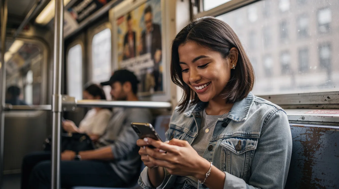 A woman is sitting on a New York City train, smiling as she talks on her cell phone, embodying a moment of joy and emotional intimacy. Her expression suggests a connection with someone special, reflecting the positive feelings often found in the early stages of a romantic relationship.