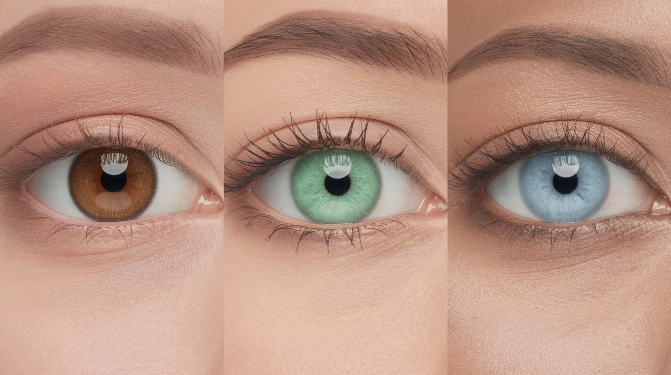 Imagem em close de três olhos, cada um usando uma lente de contato de diferentes cores: castanho natural, verde claro e azul suave, destacando as opções de estilo e conforto que as lentes de contato oferecem. Essa variedade permite que os usuários escolham a cor que mais combina com suas necessidades e preferências.