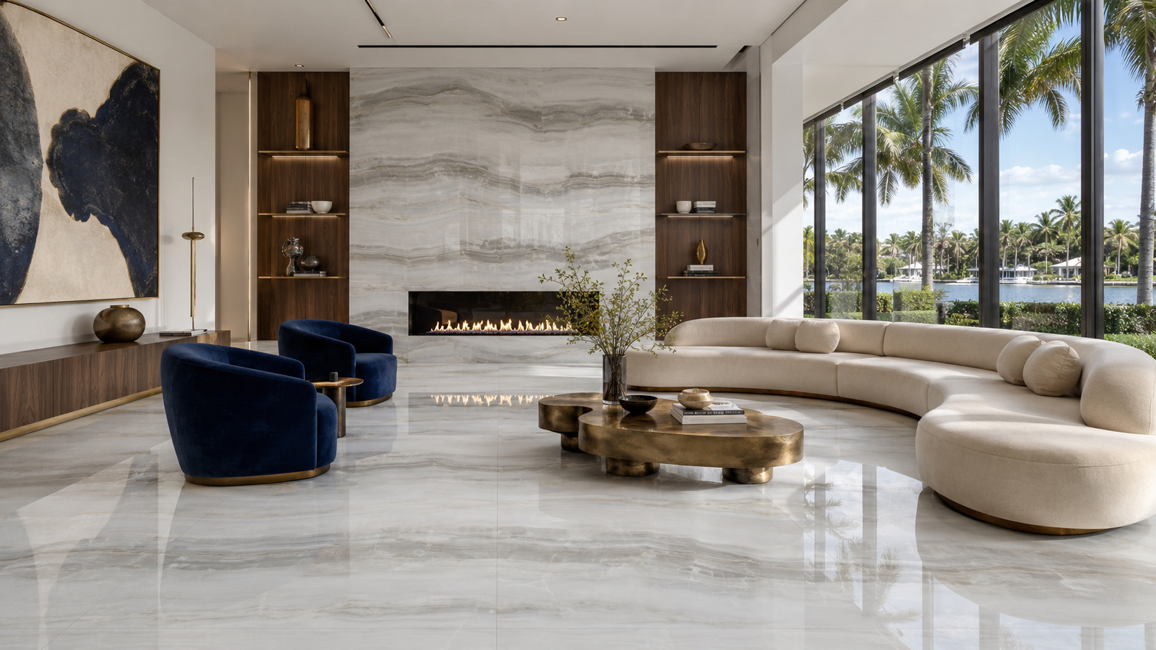 Large-format polished porcelain grid in a luxury living room with blue seating and waterfront views.
