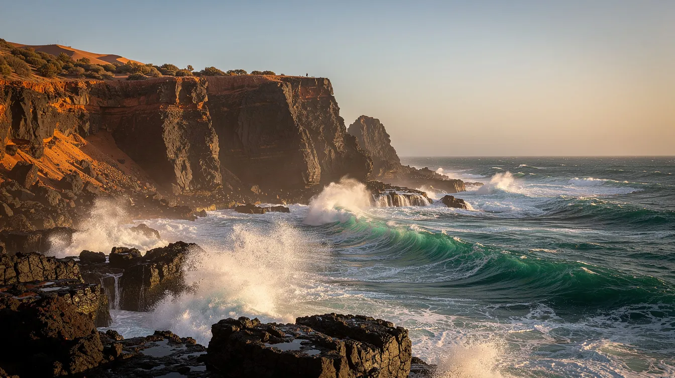 Una costa atlantica frastagliata nel sud del Marocco, con scogliere e onde turchesi.