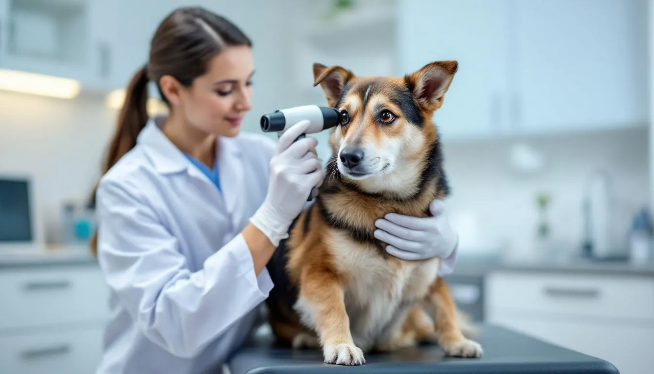 A veterinarian is carefully examining a dog