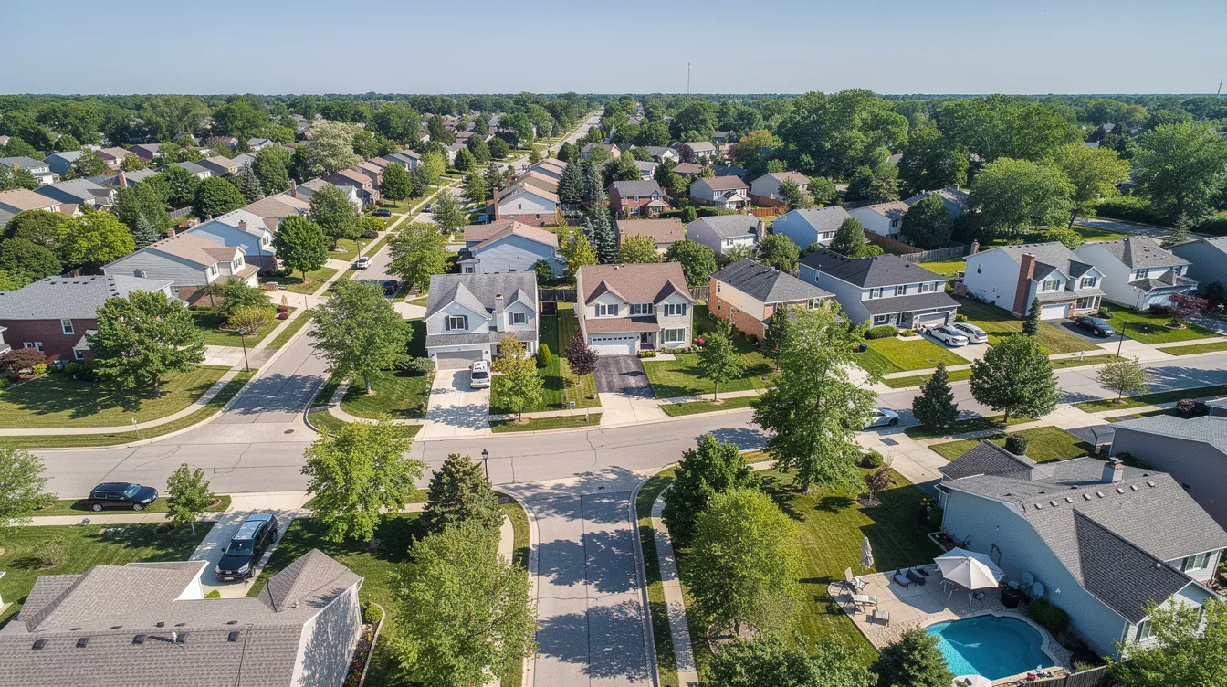An aerial view captures a sunny suburban neighborhood filled with single-family homes and tree-lined streets, showcasing a peaceful residential area. This scene reflects potential real estate investment opportunities, appealing to real estate investors and those interested in hard money loans for purchasing properties.