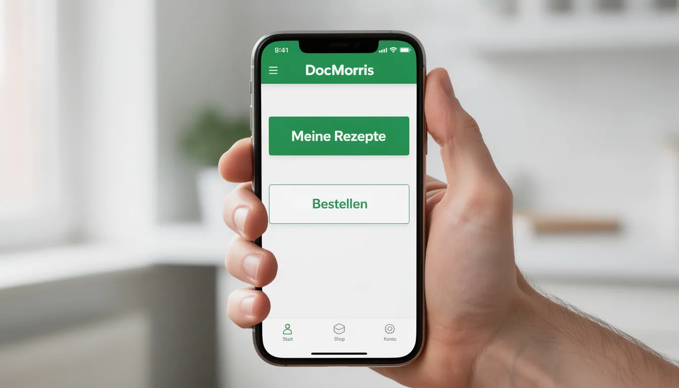Eine Nahaufnahme zeigt eine Hand, die ein Smartphone mit geöffneter DocMorris App hält. Auf dem Bildschirm sind verschiedene Aktionen und Rabattcodes sichtbar, die beim Kauf von Medikamenten und Produkten in der Versandapotheke genutzt werden können.