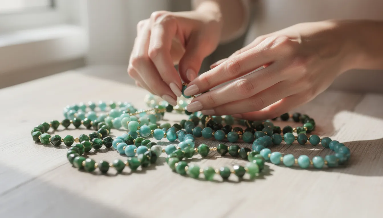 A woman’s hands are skillfully arranging delicate beaded bracelets featuring green and turquoise stones, including vibrant peridot crystals, known as the August birthstone. The intricate design showcases the beauty of these green gemstones, reflecting their gem quality and allure.
