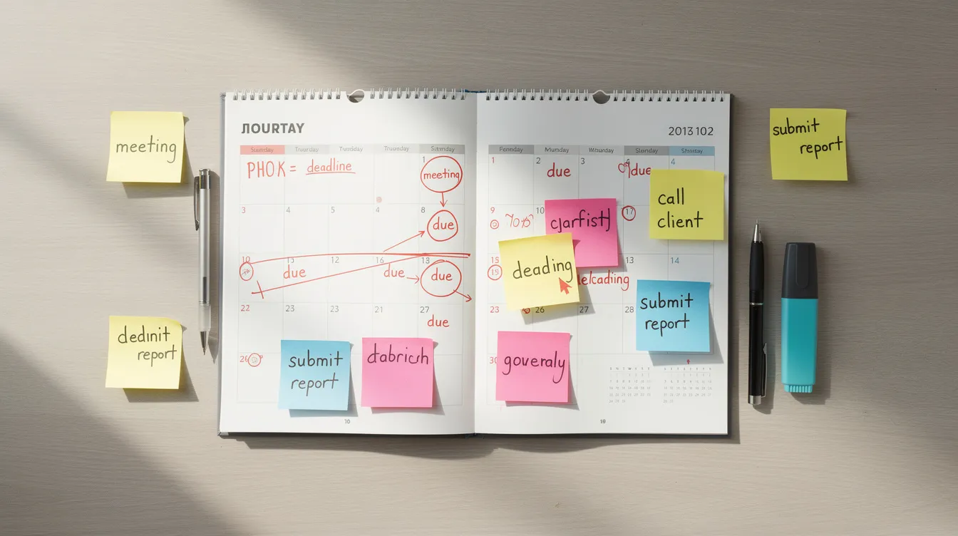 The image features a calendar with several marked deadline dates and colorful sticky notes attached, indicating important reminders for tax planning. This visual aids in managing corporate tax obligations, including estimated taxes and allowable tax deductions, helping business owners strategize effectively for their tax liabilities.
