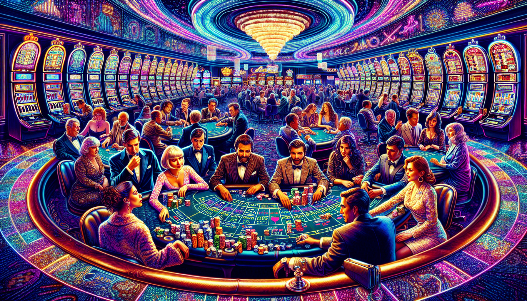 Illustration of a busy casino floor at Aven Casino